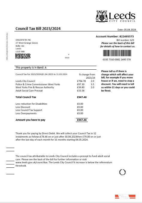 United Kingdom Leeds City Council tax business utility bill template in Word and PDF formats